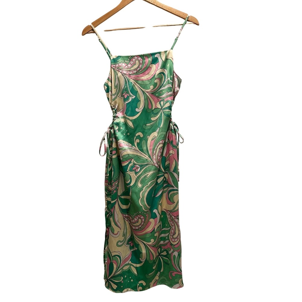 Christian Lacroix Satin Slip Dress Green Pink Swirl Print Y2K Small